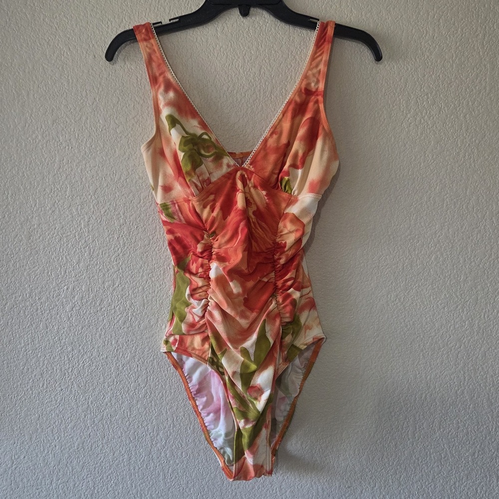 Vintage Christina Swimwear One Piece Cream , Leafy Bathing Suit 12L 34 Y2K 90s